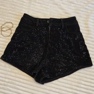 Elegant Black Embellished High Waist Women's Shorts
